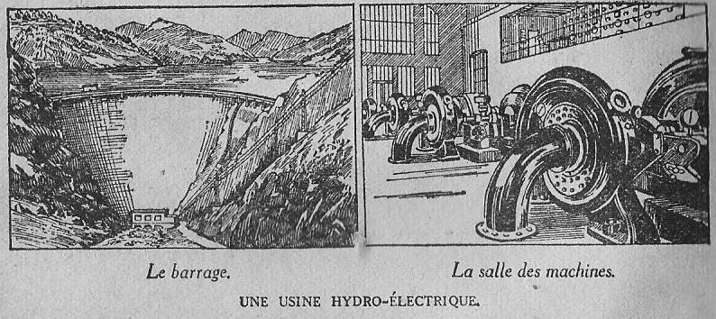 Illustration d'un barrage et de sa salle des machines dans un manuel du certificat d’études.