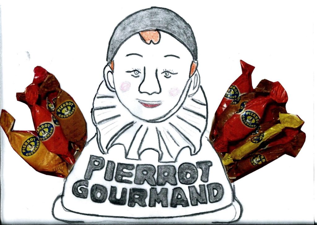 Buste Pierrot gourmand, dessin et collage.